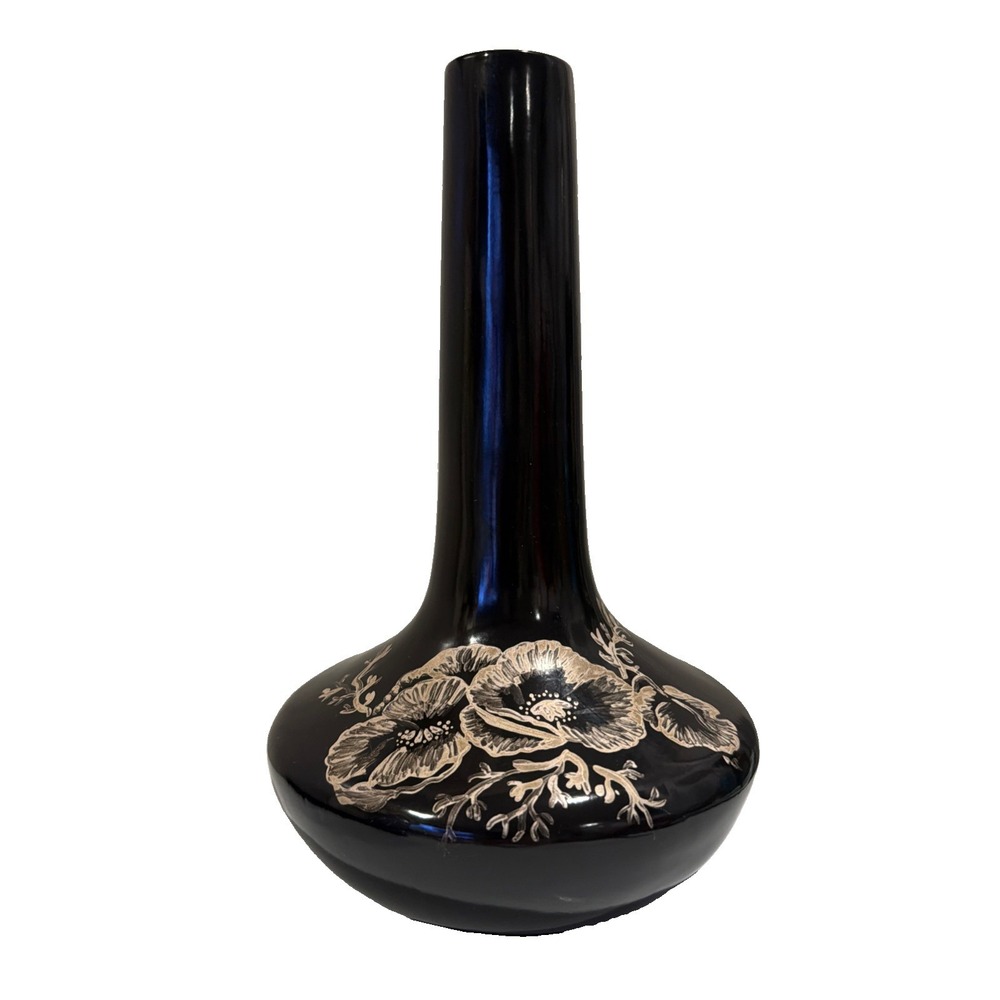 MCM Black Vtg Ceramic 10.5" Metallic Vase Gold Silver Painted Poppies. Signed HF